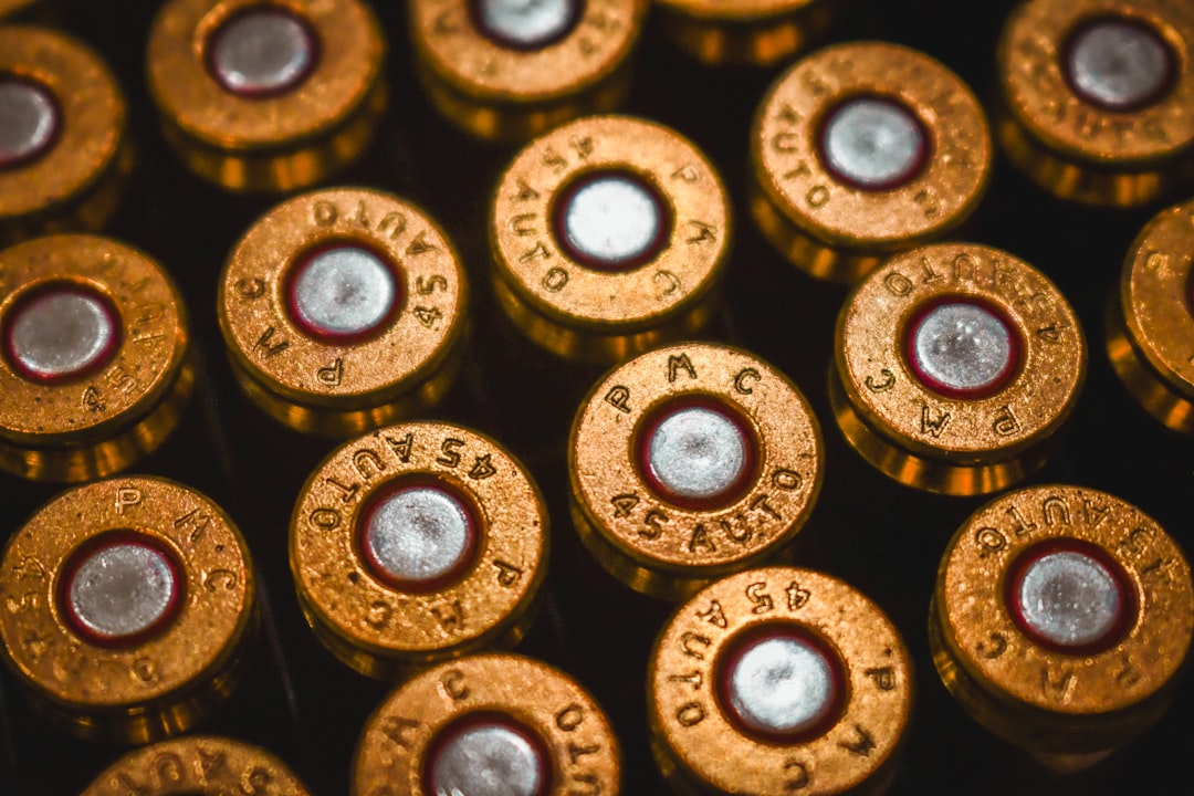 A close up image of some 45 caliber ammunition.